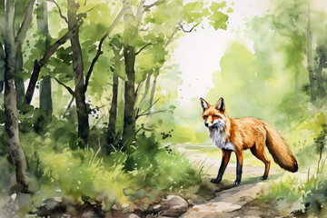 beautiful painting of red fox in green forest scenery. generative ai.