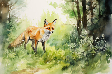 beautiful painting of red fox in green forest scenery. generative ai.