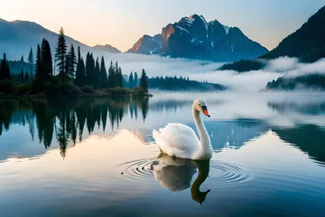 Poster Im Rahmen swan on lake © Nushkia