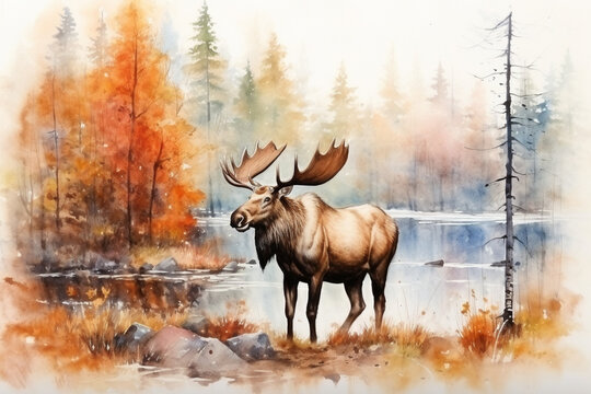 watercolor painting of moose in autumnal forest scenery. generative ai.