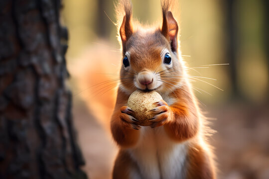 A squirrel holding a nut. Animals in the autumn forest. Wildlife background