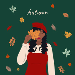 A beautiful black girl with red hat and maple leaf with leaves on green background and text autumn for posters, banners, greeting cards