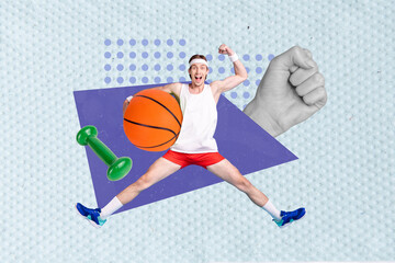 Collage photo advertisement sport inventory sportsman jumper fist up his huge biceps muscle hold basketball isolated on blue background