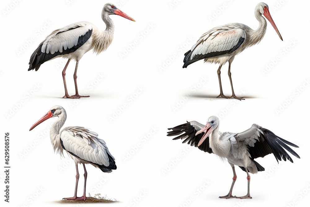 Poster set of storks isolated on white background.