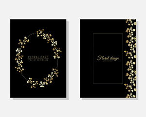 Vector set of luxury cards, templates with gold glittery small delicate flowers for birthday, wedding, anniversary invitation 