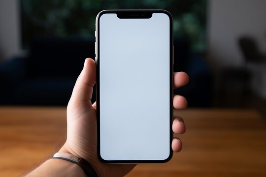 Mockup image of a person holding mobile phone with blank desktop screen