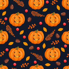 Seamless pattern with Halloween pumpkins, autumn leaves, fir cones and red berries. October harvest. Vector illustration for fabrics, textures, wallpapers, posters, cards. Editable elements.