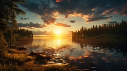 Beautiful sunset over a lake with small waves. A forest of pine and spruce trees line the lake,sunrise over the lake, beautiful spring season wallpapers and textures and spring background