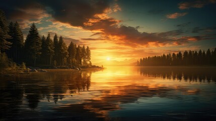 Fototapeta na wymiar Beautiful sunset over a lake with small waves. A forest of pine and spruce trees line the lake,sunrise over the lake, beautiful spring season wallpapers and textures and spring background