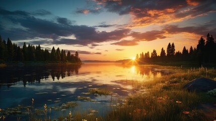 Fototapeta premium Beautiful sunset over a lake with small waves. A forest of pine and spruce trees line the lake,sunrise over the lake, beautiful spring season wallpapers and textures and spring background