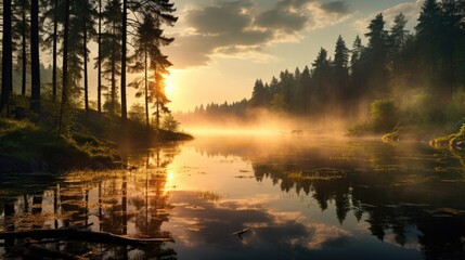 Fototapeta premium Beautiful sunset over a lake with small waves. A forest of pine and spruce trees line the lake,sunrise over the lake, beautiful spring season wallpapers and textures and spring background