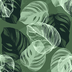 Modern minimalist abstract monstera leaves illustration pattern. Creative collage contemporary seamless pattern. Fashionable template for design. Bohemian style.
