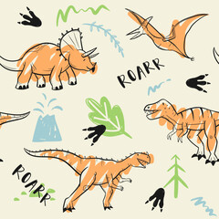 childish dinosaur seamless pattern for fashion clothes, fabric, t shirts. hand drawn vector with lettering. - obrazy, fototapety, plakaty