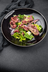 chicken stomach salad green lettuce, onion, salad dressing vegetable food healthy meal food snack on the table copy space food background rustic top view keto or paleo diet