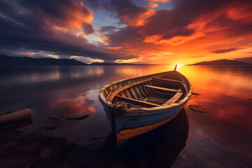 A sunset and a boat after golden hour. Calm and relaxation background