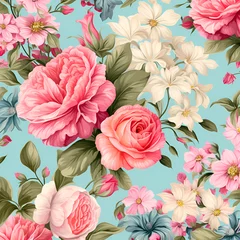 Foto op Plexiglas seamless pattern with pink roses,leaf,white,flower,fllora,AI generated © Quranmeri