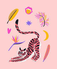 Poster with groovy tiger, lips, banana leaf, palm tree on the pink background. Cartoon vector illustration for cover, postcard, stickers, t shirt.