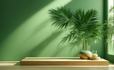 Obraz premium Empty Green Wooden Table, palm tree in sunlight, leaf shadow on green wall background for luxury organic and wood floor, Generative Ai.