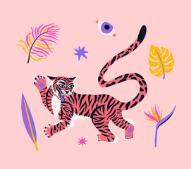 Poster with cute tiger, eye, banana leaf, palm tree on the pink background. Cartoon vector illustration for cover, postcard, stickers, t shirt.