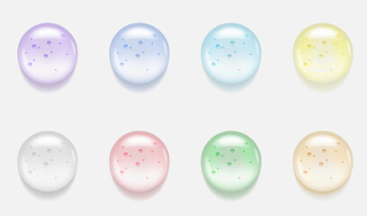 Fototapeta premium Liquid colored serum gel drop. Round transparent cosmetic product droplet. Clear texture of essential beauty oil. Bubbled water acid cream
