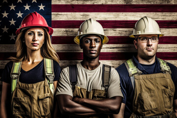 three construction workers with hard hat standing in front of an american flag.  labour day photo