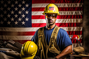 a construction worker with yellow hard hat in front of an american flag. labour day photo
