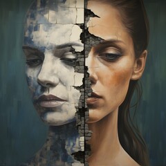 A woman's face expressing division and brokeness, mentally ill, unstable, depression, indecision - obrazy, fototapety, plakaty