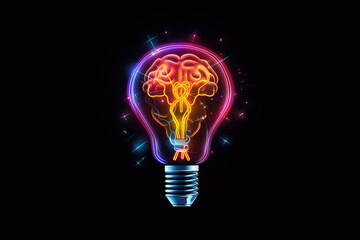 Burning classic light bulb with a small glow in the dark brain inside isolated on a black background. Creative brainstorming concept, idea, startup. 3d render illustration style.
