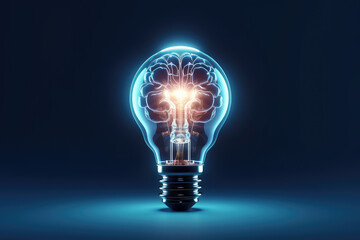 Burning classic light bulb with a small glow in the dark brain inside isolated on a black background. Creative brainstorming concept, idea, startup. 3d render illustration style.