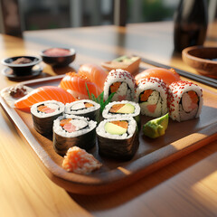 Sushi with salmon, Japanize food, fresh fish, rice, vegetables, fruits, colors, flowers