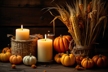 Autumn still life with pumpkins and candles, Generative Ai