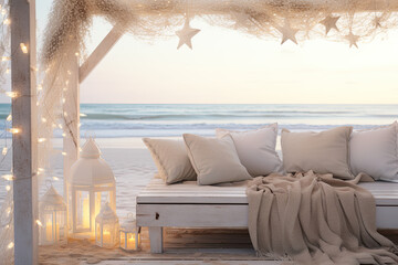 Fototapeta na wymiar lounge chairs on the beach, Christmas, cozy, fairy lights, generative ai