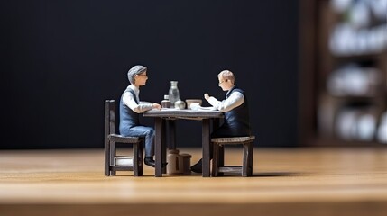 Miniature men sitting at dining table. Friends eat together and discuss business. Small toy men figurines created with Generative AI Technology