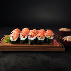 Sushi with salmon, Japanize food, fresh fish, rice, vegetables, fruits, colors, flowers