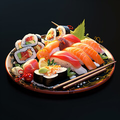 Sushi with salmon, Japanize food, fresh fish, rice, vegetables, fruits, colors, flowers