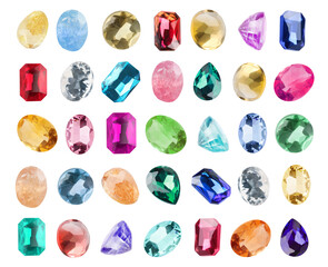 Set of different shiny gemstones for jeweler isolated on white