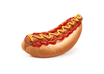 Yummy hot dog with ketchup and mustard isolated on white