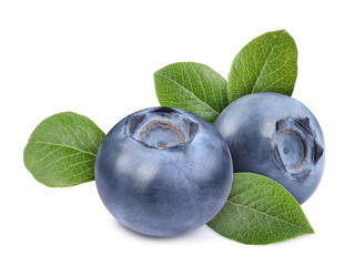 Fresh ripe blueberries with green leaves isolated on white