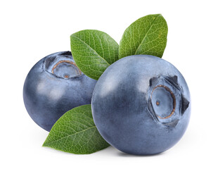 Fresh ripe blueberries with green leaves isolated on white