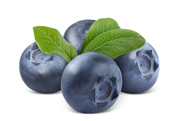 Fresh ripe blueberries with green leaves isolated on white