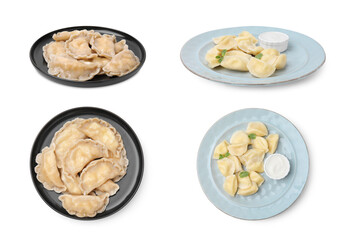 Tasty dumplings (varenyky) with cottage cheese isolated on white, top and side views