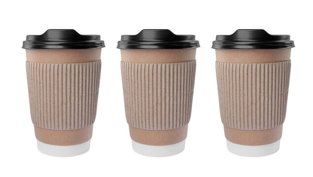 To-go drink. Set with three paper coffee cups isolated on white