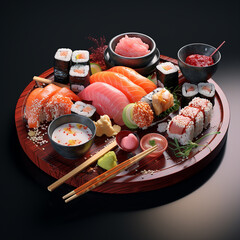 Sushi with salmon, Japanize food, fresh fish, rice, vegetables, fruits, colors, flowers