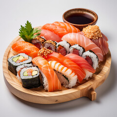 Sushi with salmon, Japanize food, fresh fish, rice, vegetables, fruits, colors, flowers