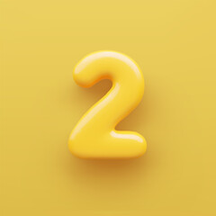 3D Yellow number 2 with a glossy surface on a yellow background .