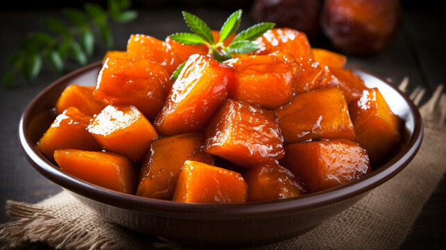 Candied yams in a bowl close up. Sweet potatoes cooked with brown sugar, marple syrup, cinnamon, brown sugar and butter front view over dark grey background. Traditional thanksgiving day food concept
