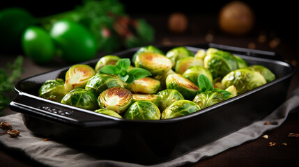 Fresh Brussels Sprouts in baking dish with olive oil and squeeze of lime on dark background. Vegetarian cuisine. Healthy vegetable side dish. Thanksgiving day food concept. Roasted Brussel sprouts