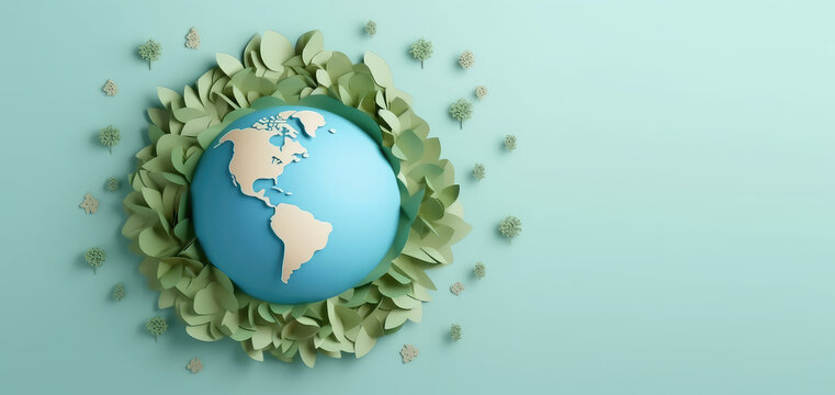 Creative concept Earth Day banner template. Planet ball and green leaves in paper cut out style. 3d render illustration style illustration.