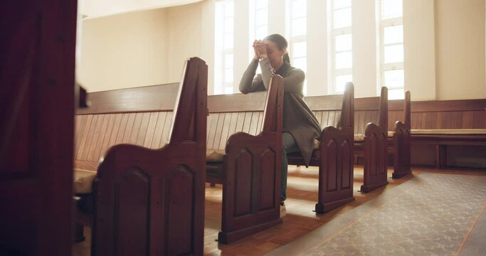 Prayer, christian church and woman with faith for spiritual gratitude in cathedral. Hope, religion and person worship, praying and praise for God, Jesus and Holy Spirit for help, support and peace