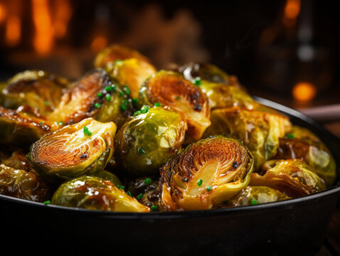 Close up of Brussels Sprouts roasted with olive oil and squeeze of lemon on dark background. Vegetarian cuisine. Healthy vegetable side dish. Thanksgiving day food concept. Roasted Brussel sprouts